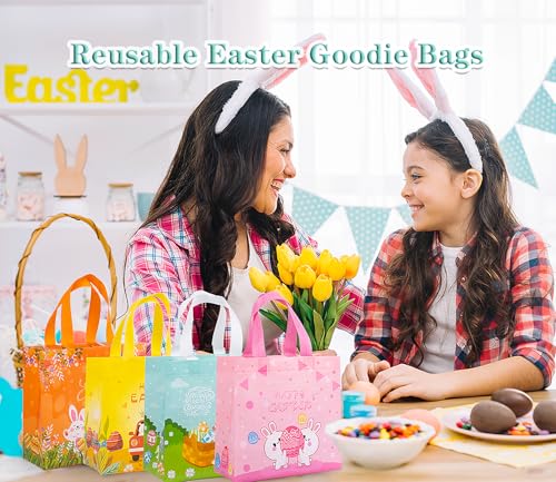 Jaywayang 4Pack Happy Easter Gift Bags, Easter Non-woven Bags with Handle for Kids, Reusable Goodie Bags, Rabbit Bunny Tre...