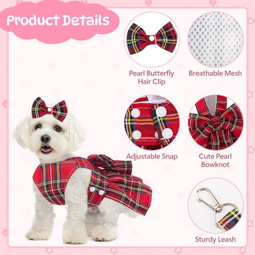 Plaid Dog Dresses for Small Dogs Girl Bowknot Harness Leash Set, Cute Small Dog Dress Harness Dogs Cat Clothes Female with...