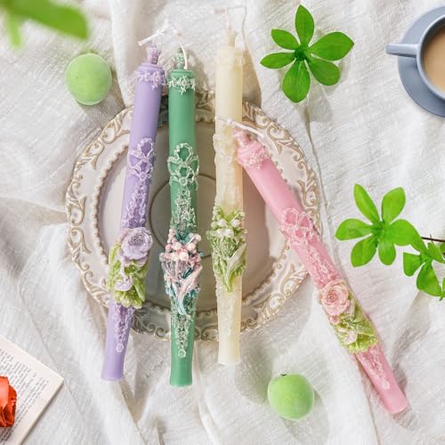 Sungmor Handcrafted Decorative Taper Candles – 9 Inch Floral Embossed Set of 4, Elegant Wedding & Home Décor Candles, Mult...