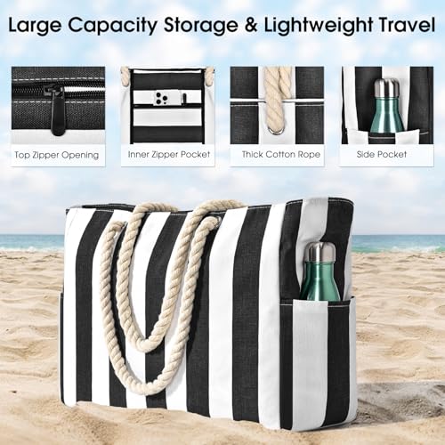 Becokan Women's Pool Swim Bag - Waterproof Sandproof Large Stripe Beach Tote with Zipper