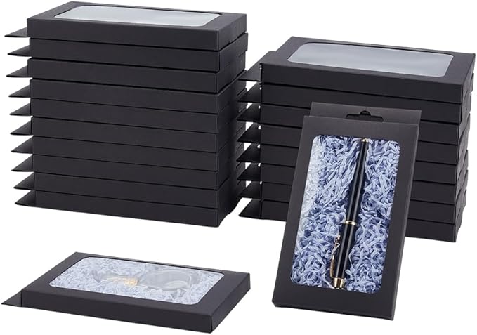BENECREAT 20 Pack Kraft Paper Boxes with Clear Window 7.5x4x1inch Black Gift Packaging Boxes for Bakery Cookies Cake Candy...