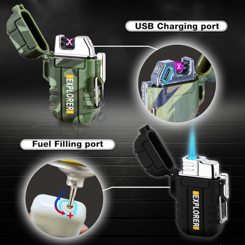 2 Pack Waterproof Lighter Outdoor Windproof Torch Lighters Dual Arc Butane Electric Lighters USB Rechargeable Lighters Fla...