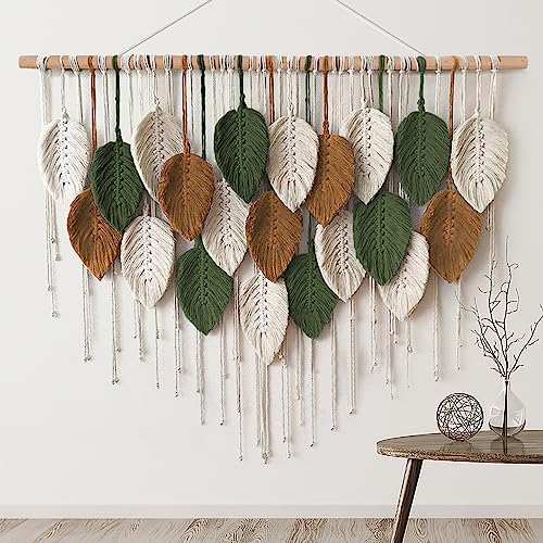KHOYIME Large Macrame Wall Hanging Boho Woven Tapestry, Chic Home Decor Modern Bohemian Handmade Leaf Feather Wall Art Dec...