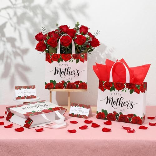 Sinload 24 Sets Large Gifts Bags for Mother's Day 10.6" Rose Flowers Non Woven Fabric Bag with Tissue Papers with Handles ...