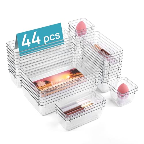 Vtopmart 44 PCS Clear Plastic Drawer Organizers Set, 4-Size Versatile Bathroom and Vanity Organizer Trays, Non-Slip Storag...