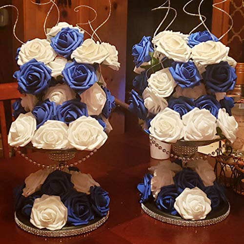 Higfra Artificial Flowers 25pcs Real Looking Royal Blue Foam Fake Roses with Stems for DIY Wedding Bouquets White Bridal S...