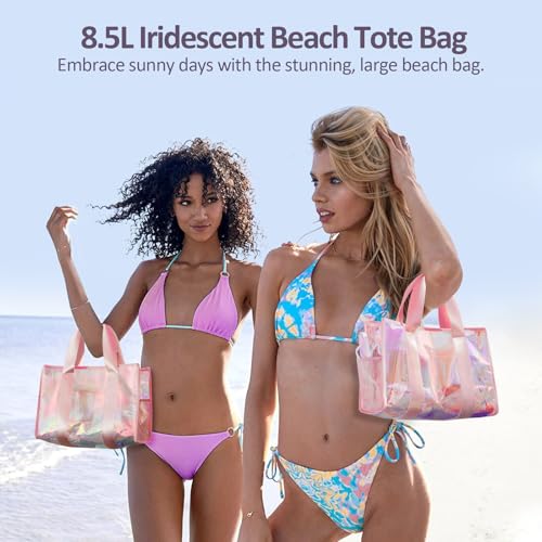 Beach Bag 26L Large Iridescent Waterproof Beach Tote Bag for Women with Zipper & Phone Pouch Sand/Tip-Proof Crossbody