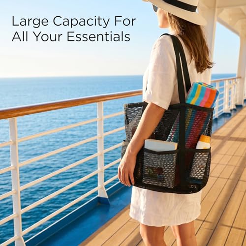 BOBPPOP Black 5-Pocket Foldable Mesh Beach Tote for Women, Water-Resistant Sand-Proof Cruise Essentials Bag, Travel Pool V...