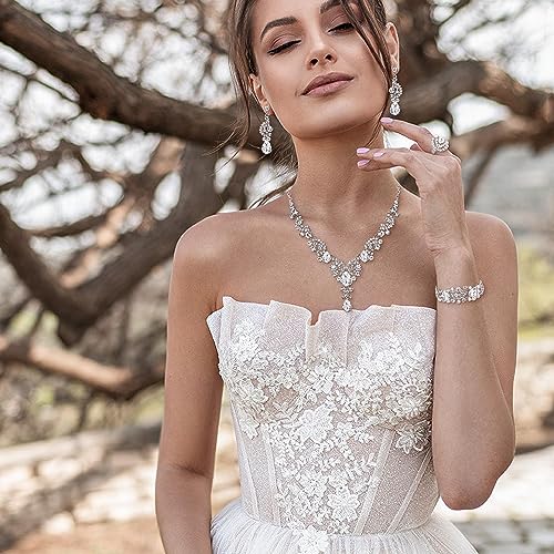 EVER FAITH Rhinestone Crystal Bridal Floral Wave Teardrop Necklace Earrings Set