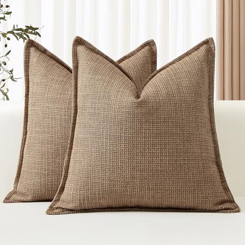 OTOSTAR Pack of 2 Brown Decorative Pillow Covers 14x14 Inch Soft Linen Texture Couch Throw Pillows Farmhouse Cushion Cover...