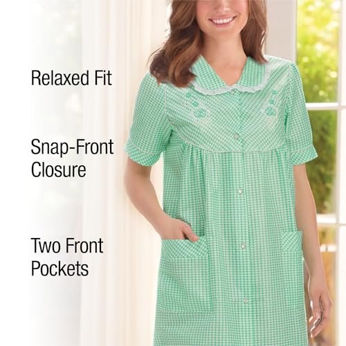 Collections Etc Gingham Robe with Floral Accents, Snap-Front Closure and Lace Trim