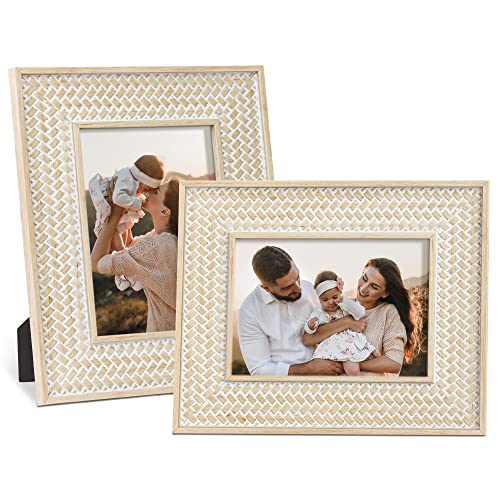 takfot 5x7 Boho Picture Frames 2 Pack Bohemian Rattan Decor Farmhouse Rustic Picture Frame Wood Photo Frames Living Room B...