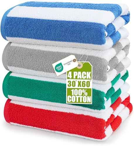 Utopia Towels Pack of 4 Cabana Beach Towels, Oversized 30 x 60 Inches Cotton Beach Towel Set, Smooth Ring Spun Texture for...