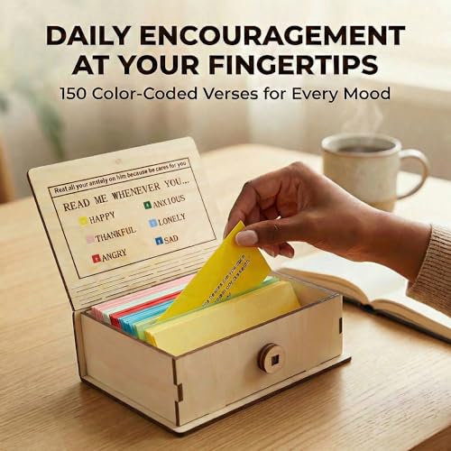 Rhostry Bible Verse Box for Daily Encouragement - 150 Color-Coded Scripture Cards in Wooden Keepsake Box - Prayer Jar & Ch...