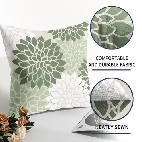 aportt Sage Green White Floral Pillow Covers 18X18 Inch Set of 2 Geometric Dahlia Flower Decorative Pillow Cases Modern Co...