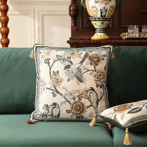 ISAENNE Design Linen Chinoiserie Square Throw Pillow Covers 18"x18", Farmhouse Cushion Covers with Yellow Floral Birds Pat...