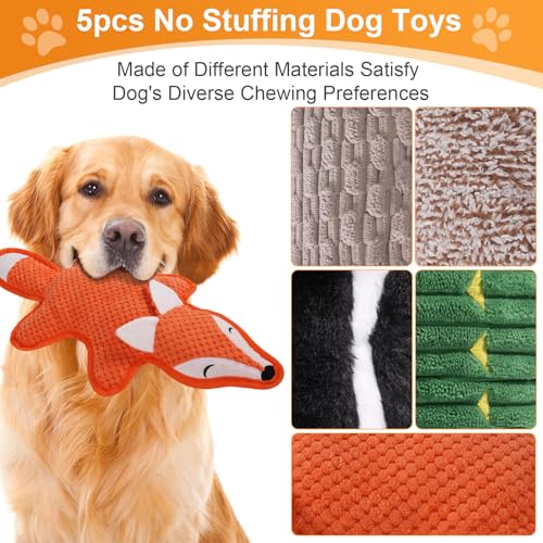 Eneston 5 Pack No Stuffing Squeaky Dog Toys for Large Dogs - Interactive Durable Plush Chew Toy with Crinkle Paper, Safe P...