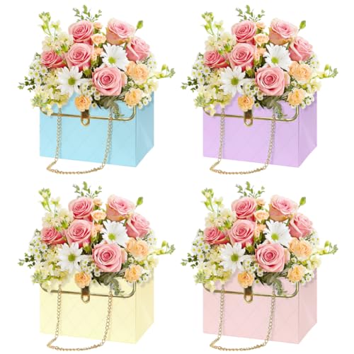 Florist Bouquet Paper Gift Box,4 Pack Folding Bouquet Flower Wrapping Boxes with Metal Chain Handle Basket Packaging Handb...