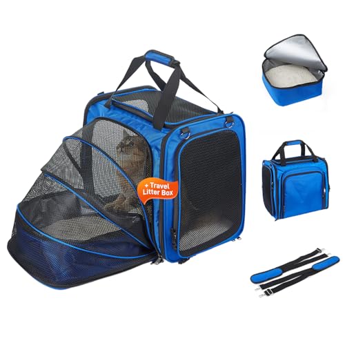Expandable Cat Carrier with Litter Box, Extra Large Cat Carrier for Car Travel, 17.3"x16.2"x13" Portable Soft-Sided Pet Ca...