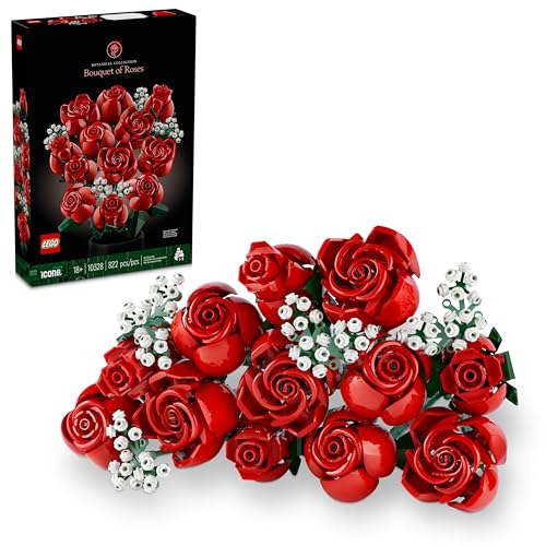 LEGO Botanicals Bouquet of Roses Artificial Flowers - Fake Red Roses Building Set for Adults, Ages 18+ - Gifts for Birthda...