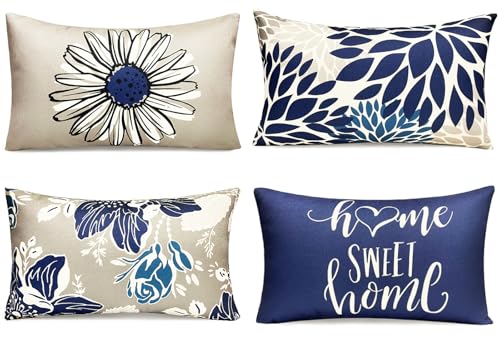 RYSMIYOU Decorative Throw Pillow Covers Set of 4 Blue Pillow Covers 12x20 inch Throw Pillow Cases Linen Square Pillow Cas...