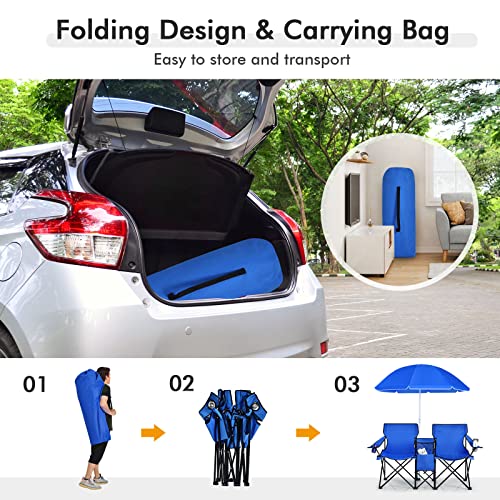 COSTWAY Double Portable Picnic Chairs, Folding Camping Chairs w/Detachable Umbrella, Cooler Bag, Cup Holders, Patio Beach ...