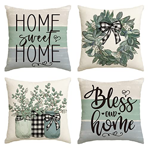 AVOIN colorlife Fall Sweet Home Eucalyptus Lamb Ear Wreath Throw Pillow Covers, 18 x 18 Inch Bless Our Home Buffalo Plaid ...