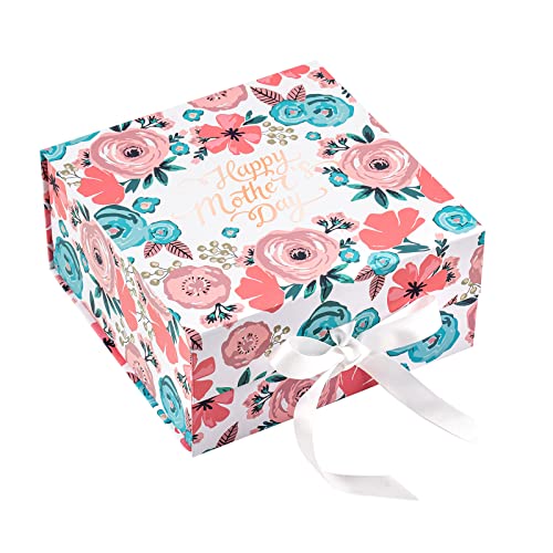 WRAPAHOLIC 1 Pcs 8x8x4 Inches Rose Gold Foil Happy Mother's Day Lettering and Floral Gift Box with Satin Ribbon, Collapsib...