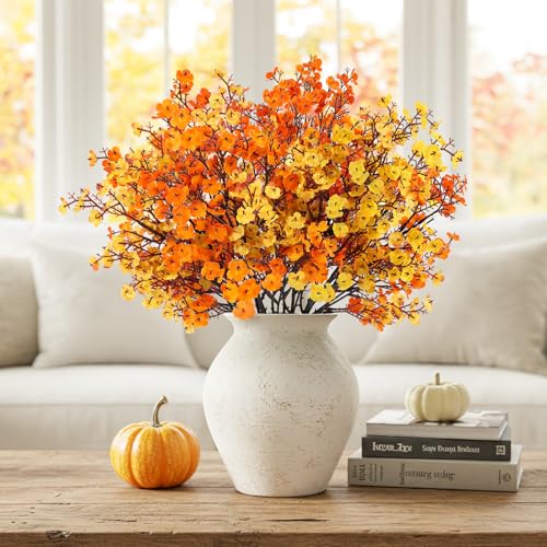 HIAGROW 8Pcs Babys Breath Artificial Fake Fall Flowers, Real Touch Orange Yellow Plants Silk Flowers for Vase Home Office ...