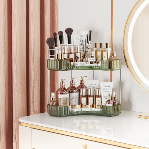 Asayuee 2-Tier Corner Bathroom Counter Organizer with Top Toothbrush Holders,Large Makeup Organizer Countertop with Brush ...