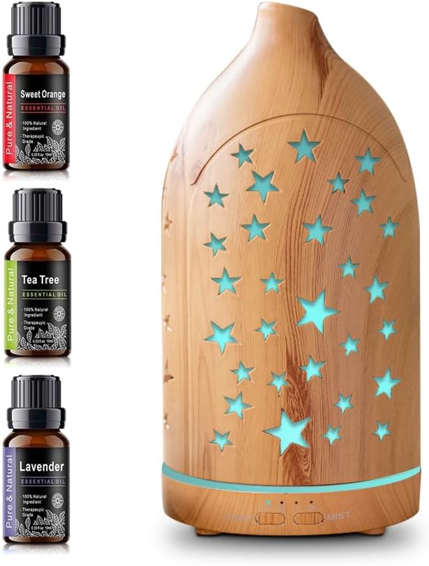 Essential Oil Diffuser,7.1''x3.5'' Diffusers with 3 Aromatherapy Oils Set,Small 200ml Desk Humidifier with 7 LED Colors Ni...