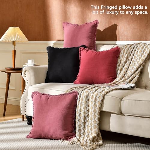 AmHoo Pack of 2 Linen Pillow Covers with Tassels Fringed Decorative Rustic Natural Throw Pillowcase Cushion for Couch Sofa...