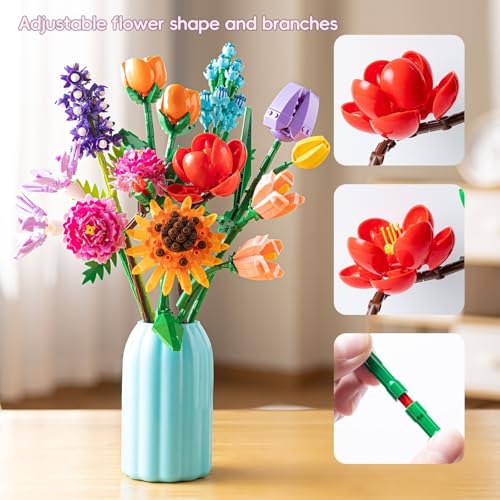 Sawaruita Flowers Bouquet Botanicals Building Blocks Set for Adults - 1006 Pcs Wildflowers with Vase Home Decor Gift Mothe...