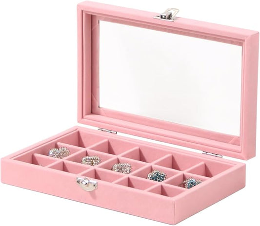 Pengup Travel Jewelry Box,Small Jewelry Case,Rings Earrings Cufflinks Organizer for Girls (Pink, 15 Grids)