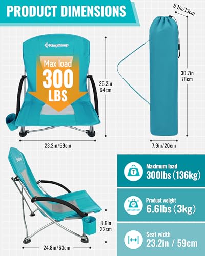 KingCamp Low Beach Chair, High Back Folding Camping Chair for Adults, Oversized Breathable Mesh Seat, 300lbs Heavy Duty Po...