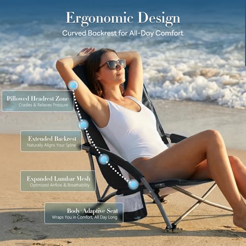 DUMOS Low Beach Chair for Adults, Lightweight Folding Beach Chair with Cup Holder, Storage Bag, Breeze Mesh Back, Padded A...