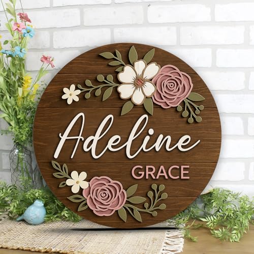 Floral Name Sign for Nursery Decor for Girls – Personalized Wooden Name Signs for Nursery with Flowers, Baby Girl's Custom...