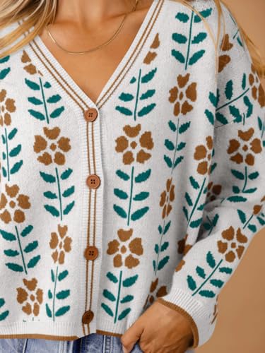 Saodimallsu Womens Floral Print V Neck Cardigan Open Front Button Down Knit Sweater Long Sleeve Loose Fashion Tops