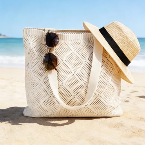 COOKOOKY Beach Bag with added lining Crochet Tote Bag for Women Shoulder Bag Hobo Casual Handbags Shopping Work Bag