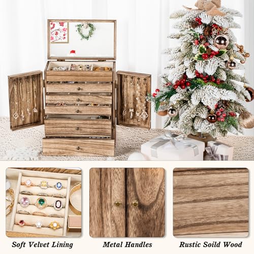 Emfogo Wooden Jewelry Box for Women, 6-Tier Large Jewelry Organizer Boxes with Mirror Rustic Solid Wood jewlery Storage Di...
