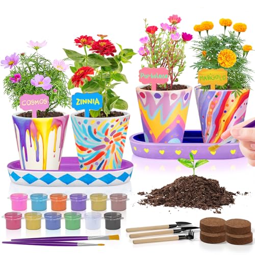 4 Set Paint & Plant Flower Gardening Kit - Gifts for Girls Ages 8-12, Arts and Crafts for Kids Ages 8-12, Kids Gardening S...