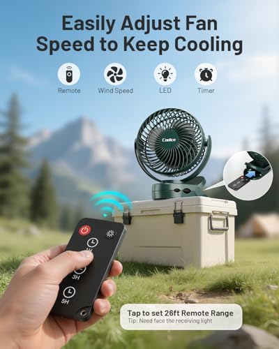 Camping Fan with Remote Control - 12000mAh Rechargeable Battery Powered Fan, Camping Fans for Tents with LED light & Hangi...