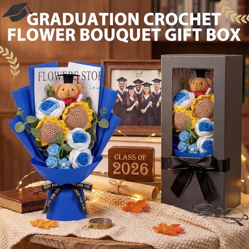 Norme Blue Graduation Crochet Flower Bouquet Gift Box, 2026 Grad Cap Bear Hand Knitted Rose Sunflower Bouquet Greeting Car...