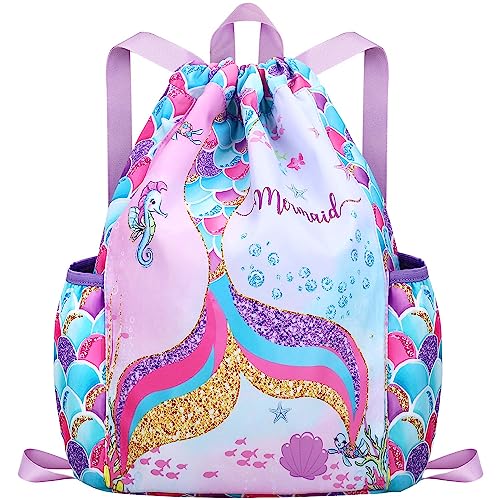 RHCPFOVR Drawstring Backpack for Kids - Mermaid Bags for Girls Gym Dance Beach Swim Travel Bag With Two Water Bottle Holder