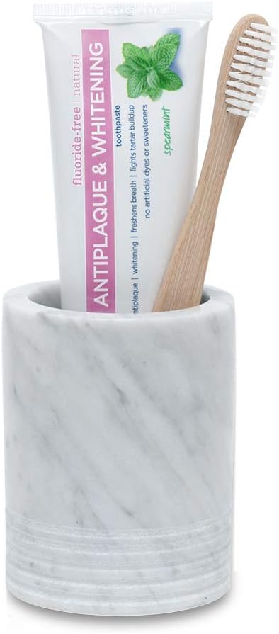 JIMEI Natural Marble SPA Collection Tumbler Toothbrush Holder Makeup Brush Holder Bathroom Countertop Organizer