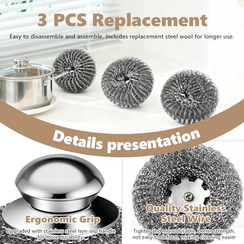 Steel Wool Scrubber, 4-Pack Stainless Steel Scrubber Pads with Handle - The Ultimate Scouring Solution for Rust, Stubborn ...