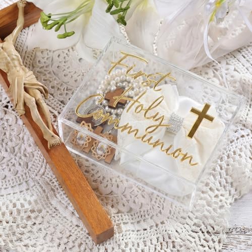 Fiwochic First Communion Keepsake Box Acrylic Baptism Memory Gift Box for Boy Girl Catholic Religious First Holy Communion...