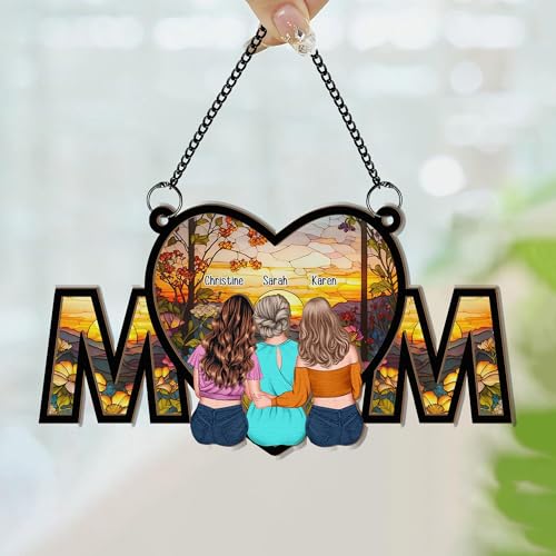 Personalized Heart-Shaped Suncatcher Window Hanging, Decorative MOM Sign with Sunset Scene