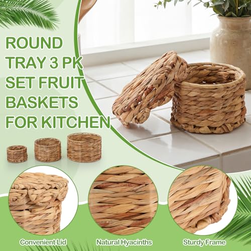 Newtay Set of 3 Scalloped Wicker Storage Baskets with Lid Round Rattan Woven Basket 11'' 8.7'' 6.3'' Natural Water Hyacint...