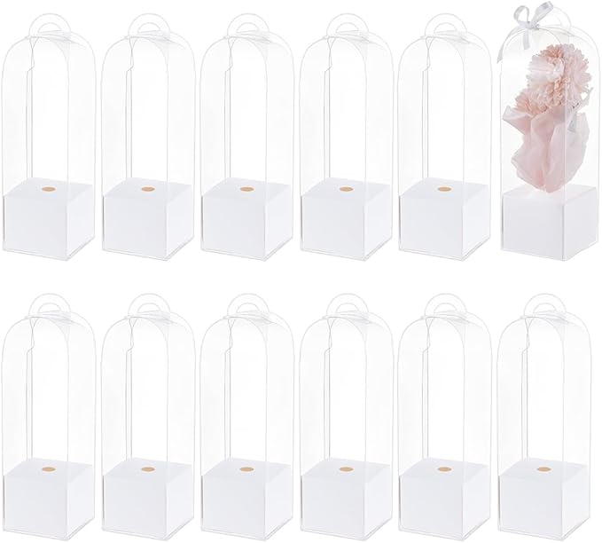 BENECREAT 12Pcs Single Rose Flower Box Empty Bag, Clear Flower Packing Boxes Flower Gift Boxes for Graduation Wedding Birt...